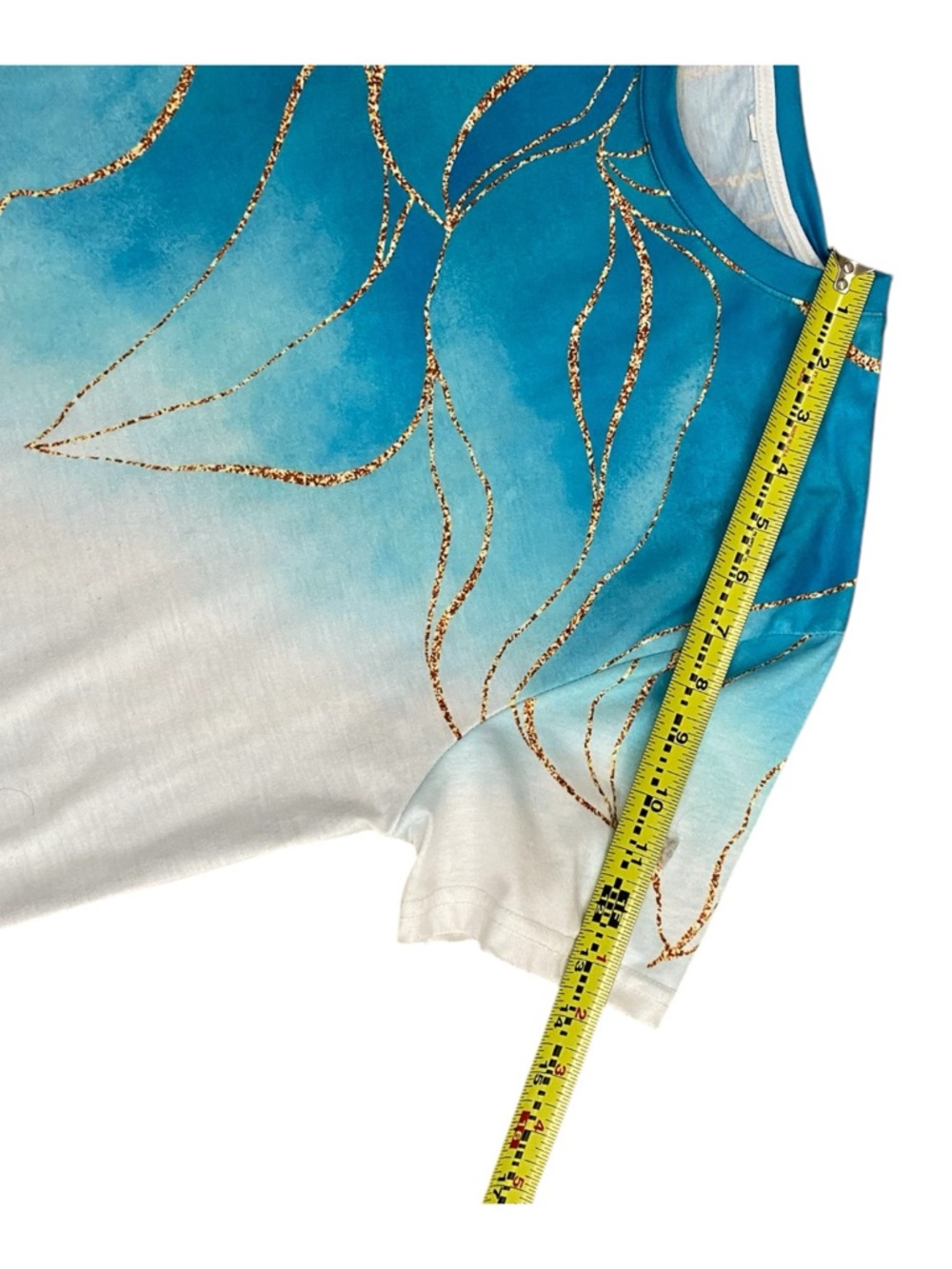 NEW Gradient Teal Green Blue & White Short Sleeve Top Gold with Marbled Accent - Picture 9 of 10